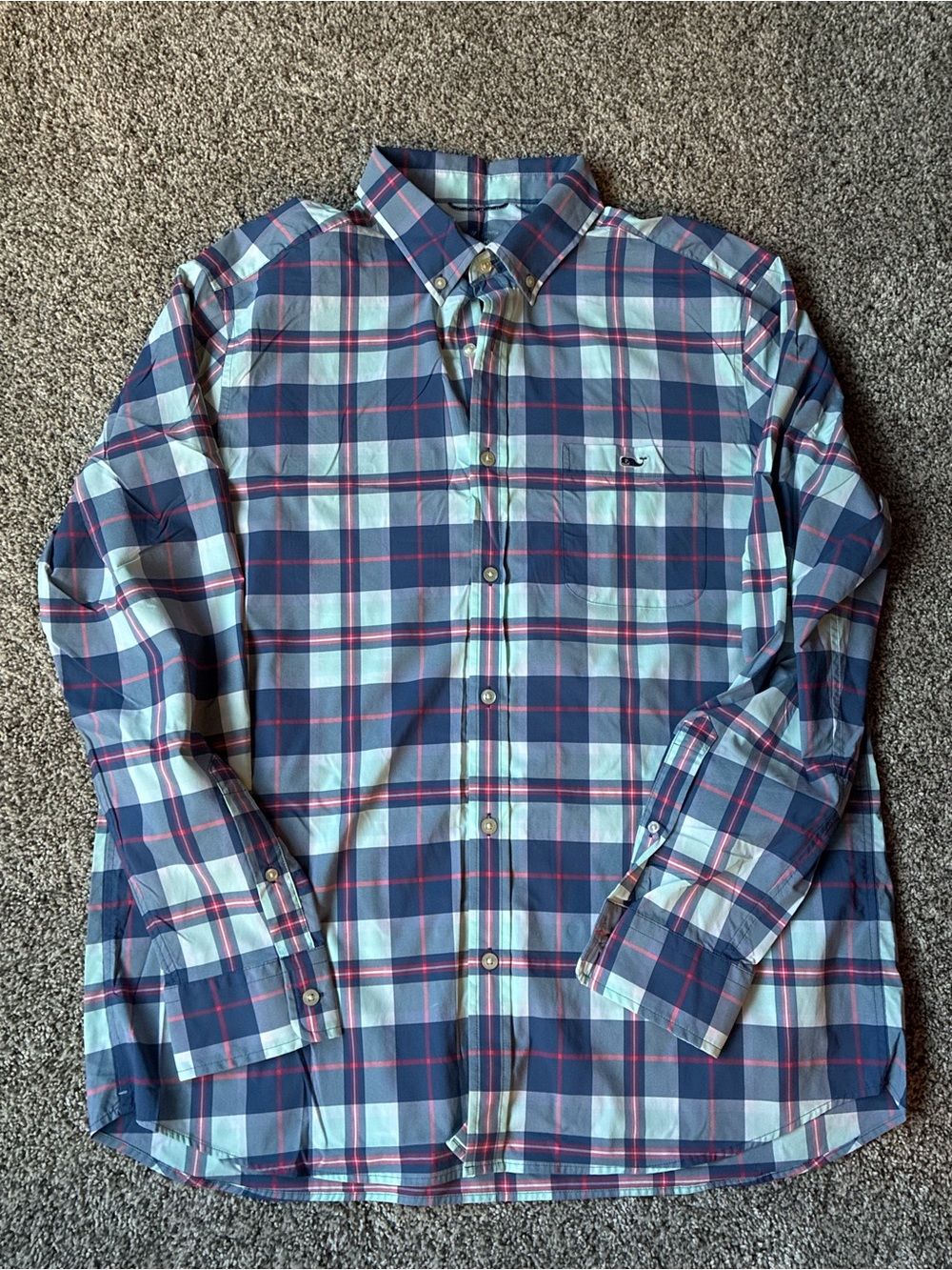Vineyard Vines Blue Plaid Button-Down Shirt with Red Accents